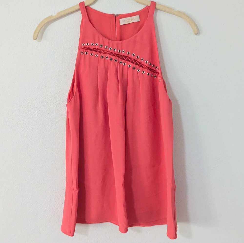 Ramy Brook Zia Sleeveless Tank Top Cutout Lace Up Neck Keyhole Back Coral XS